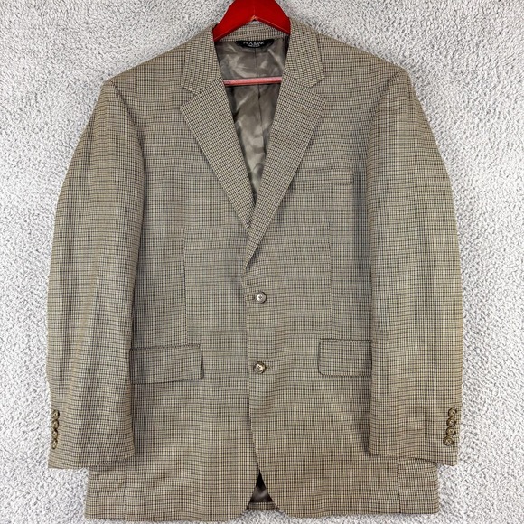Jos A‎ Bank Blazer Mens 41R Brown Blue Wool Silk Houndstooth Check Sport Coat